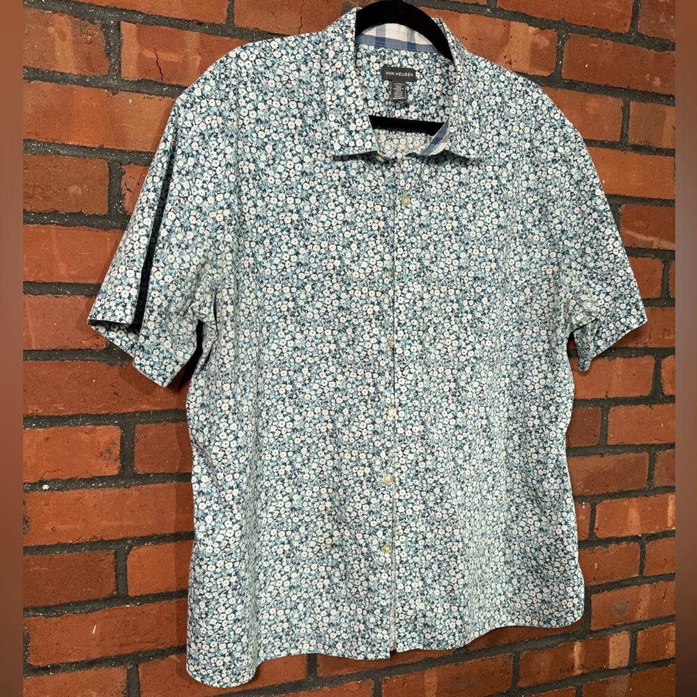 Van Heusen Blue White Floral Short Sleeve Button-Up Shirt Men's Size XXL